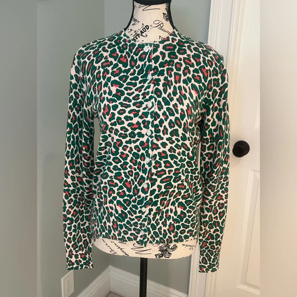 NWT Brooks Brothers Green and Pink Leopard Print Cardigan | Size S - Picture 1 of 12